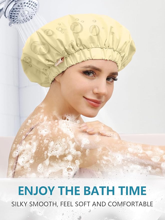 Years calm Reusable Waterproof Shower Caps for Women, Hair Caps for Showers, Double-Layer Elastic Design, for All Hairstyles, Travel-Friendly (Yellow)