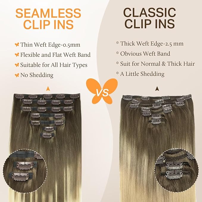 DOORES Seamless Clip in Hair Extensions, Ash Brown to Platinum Blonde, 18 Inch, 130g, 7pcs, Human Hair Extensions, Remy Natural Hair, Seamless Weft, Thick Hair, Invisi Edge