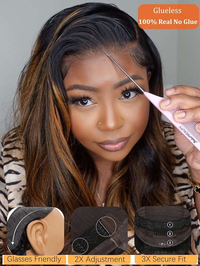 Julia Hair Bye Bye Knots Glueless Wig Highlight Balayage Brown Body Wave 7x5 Pre Cut HD Lace Front Wigs Human Hair Pre Plucked Bleached Knots Pre Everything Ready To Go Ombre Wig 24 Inch