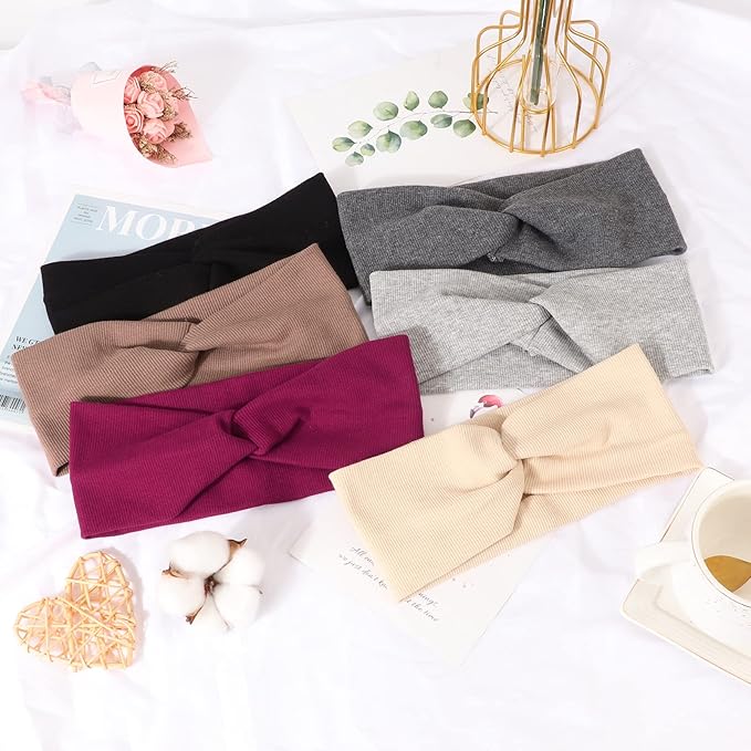 DRESHOW 6 Pack Turban Wide Headbands for Women Headwraps Knotted Elastic Yoga Workout Solid Color Hair Accessories