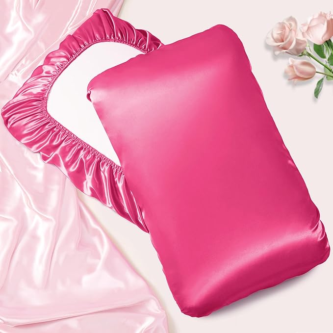 Manyshofu Satin Pillowcases for Hair Protection - 2Pcs Hot Pink Pillow Cases, Elastic Band Standard & Queen Satin Pillowcases Luxury Silky Pillow Cases Travel Pillow Covers