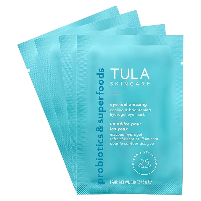 TULA Skin Care Eye Feel Amazing Cooling & Brightening Hydrogel Eye Masks - Fights Puffiness & Soothes Undereyes, Contains Hyaluronic Acid & Niacinamide, Caffeine & Chamomile, 4 packettes, 0.10 oz.