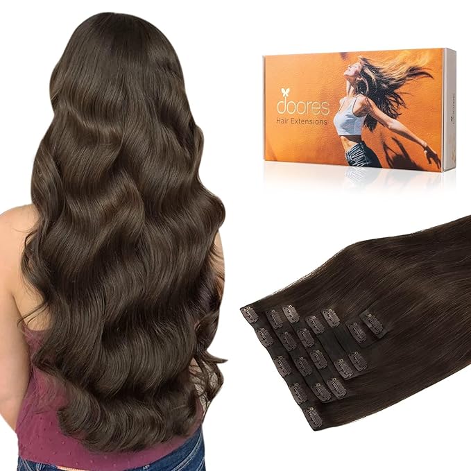 DOORES Clip in Human Hair Extensions, Light Dark Brown 110g 7pcs 14-22 Inch, Seamless Silicone Wefts, 7-Layer PU Glue Bonding, Straight