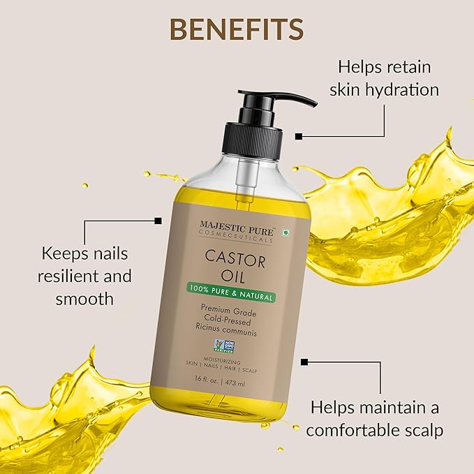 Majestic Pure Castor Oil - 100% Pure & Natural - Premium Grade, Cold Pressed, Hexane Free - Hair, Eyelashes, Eyebrows, Nails - Moisturizing & Nourishing - 16 Fl Oz