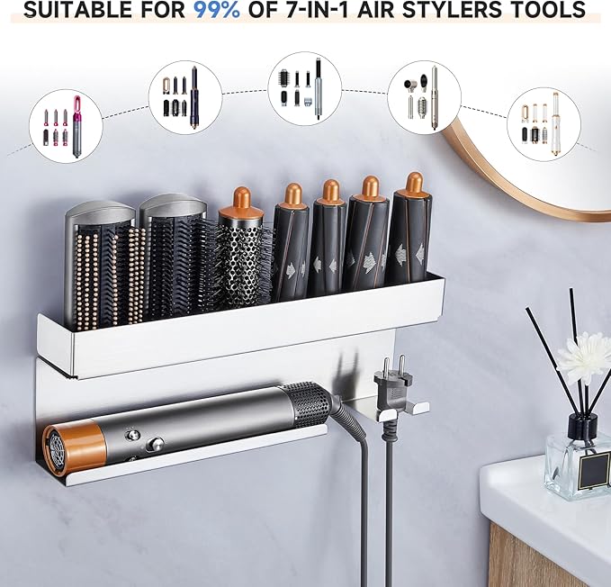 Storage Hair Dryer Holder for Curling Iron Wands Accessories, Hair Straightener Holder, Wall Mount Hair Tool Organizer for Styler Attachments,Stainless Steel Curling Iron Holder Organizer for Bathroom
