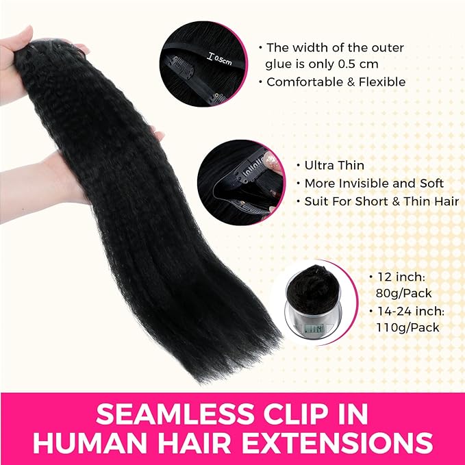 Lashey Seamless Clip in Hair Extensions Human Hair #1 Jet Black Kinky Straight Clip in Hair Extensions Real Human Hair 7pcs 110g 24 Inch PU Weft Natural Hair Extension for Women