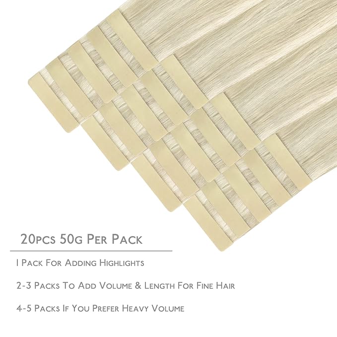WENNALIFE Tape in Hair Extensions Human Hair, 20pcs 50g 20 inch Ash Blonde Highlighted Platinum Blonde Remy Hair Extensions Straight Human Hair Tape in Extensions Skin Weft Tape Extensions Human Hair