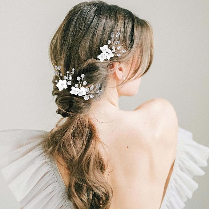 8Pcs Silver Bridal Wedding Hair Pins,White Flower Leaf Hair Piece Pearl Rhinestone Hair Clips,Hair Accessories for Women Brides Bridesmaid