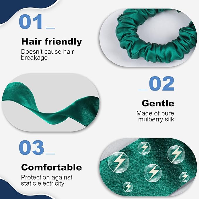 1 Piece Silk Bow Scrunchies for Hair-100% Pure Mulberry 22 Momme Silk Hair Tie, Elastic Ponytail Holder, Elegant Soft Bow Hair Ties Band for Women Hair Care, Multiple Colours (Blackish Green)