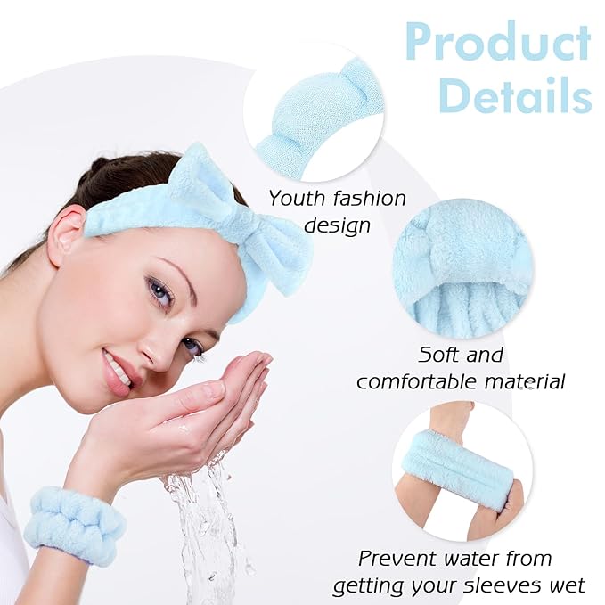 Zkptops 6Pcs Spa Headband for Washing Face Wristbands Set Women Bubble Skincare Makeup Sponge Blue Terry Cloth Padded Puffy Headband Bow Tie Hairband Cute Non Slip Thick Hair Accessory Gifts