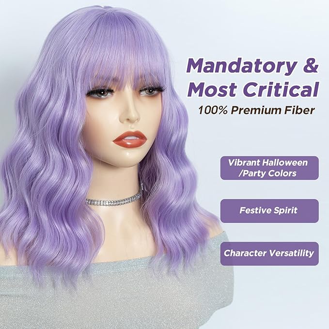 NOBLE Short Curly Purple Bob Wig with Bangs for Girls and Women Shoulder Length Heat Resistant Synthetic Wig Bob Curly Loose Wavy Hair Wigs for Halloween Cosplay 12 Inches