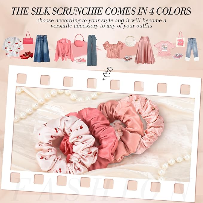 4Pcs Mulberry Silk Hair Scrunchies, Cherry Pink Silk Hair Ties for Hair Sleep Frizz Breakage Valentine's Galentines Day Gifts