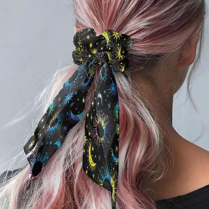 Star Sun Moon Hair Scrunchies with Ribbon Black Bow Hair Ties for Women Girls Fashion Scraf Scrunchy No Damage Pack of 2