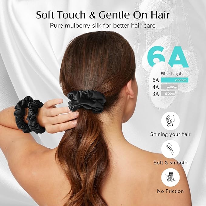 YFONG 3 PCS 100% Silk Scrunchies for Hair Sleep Women Girls, 22 Momme Pure Mulberry Hair Ties for Frizz & Breakage Prevention, Elastic Ponytail Holders Gentle And No hurt (3PCS Black)
