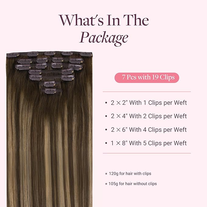 GOO GOO Clip in Hair Extensions Real Human Hair, Remy Human Hair Extensions Clip ins for Women, Natural Human Hair, 22inch 120g 7Pcs, 4/27/4 Balayage Chocolate Brown to Caramel Blonde