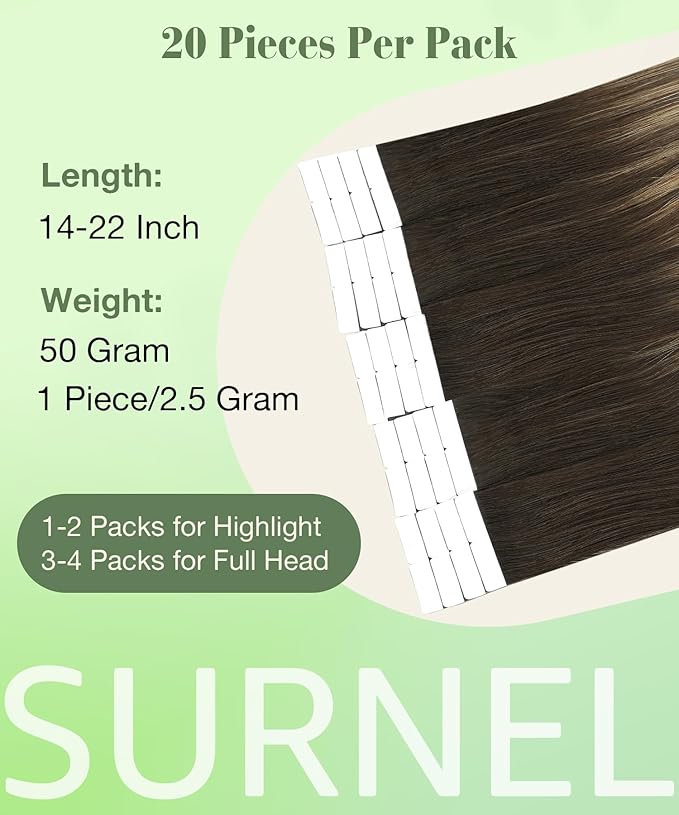 SURNEL 18 inch Tape in Hair Extensions Balayage 2 Dark Brown Fading to 6 and 18 Ash Blonde Tape in Human Hair Extensions 20 pcs 50g(#2/6/18-18)