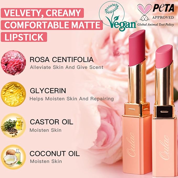 Oulac Red Creamy Matte Lipstick, Soft Satin Finish Lipsticks for Women with Moisturising Formula, Rich Color, Highly Pigmented Enriched with Rose Oil, Vegan & Cruelty-Free| 3.6g (Y09)