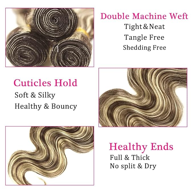 P4/613 Body Wave Bundles Human Hair Highlight Bundles Niegmeag 2 Tone Blonde Mixed With Brown Human Hair Bundle 14 16 18 Inch Brazilian Virgin Remy Hair Extensions