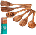 Wooden Spoons for Cooking 6 Piece - Natural Teak Wood Kitchen Utensils Set - Smooth Finish Soft Comfort-Grip Safe for Nonstick By HOWHONG