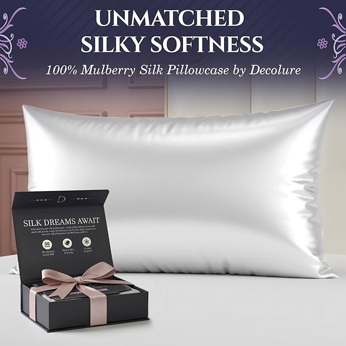 DECOLURE 100% Pure Mulberry Silk Pillow Case Standard Size – Highest Grade 30 Momme 6A+, Luxuriously Soft & Cooling Silk Pillowcase for Hair & Skin, Hypoallergenic, Breathable, Hidden Zipper (White)