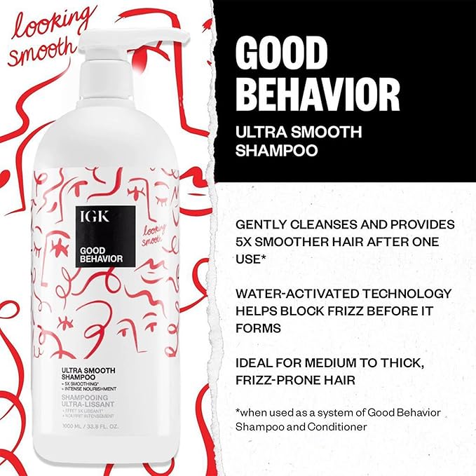 IGK GOOD BEHAVIOR Ultra Smooth Shampoo and Conditioner Set | Frizz Control + Hydrates + Shine | Vegan + Cruelty Free | 33.8 Oz