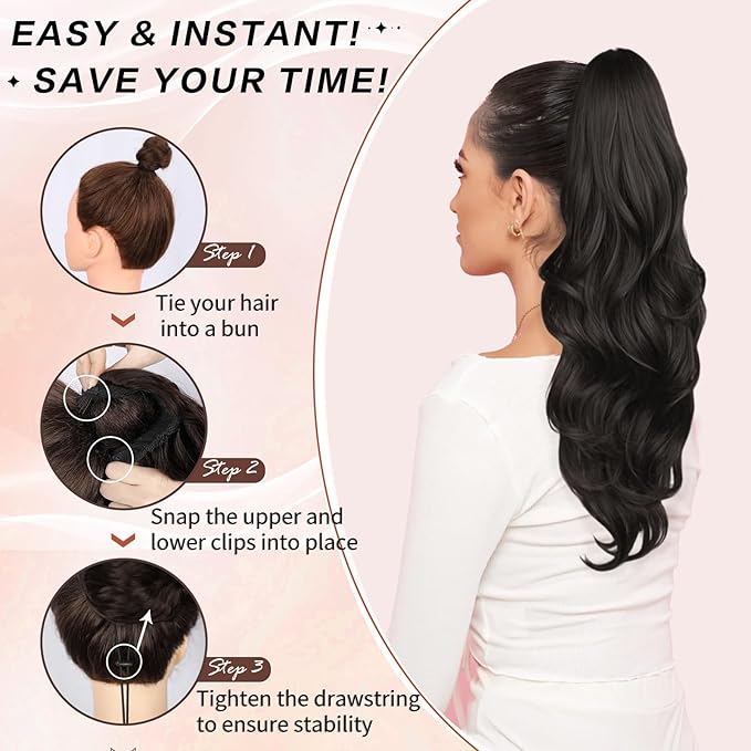 Ponytail Extension, Drawstring Ponytail Extension for Women 23 Inch Long Dark Brown Wavy Pony Tails Hair Extensions Synthetic Clip in Ponytail Hairpiece for Women