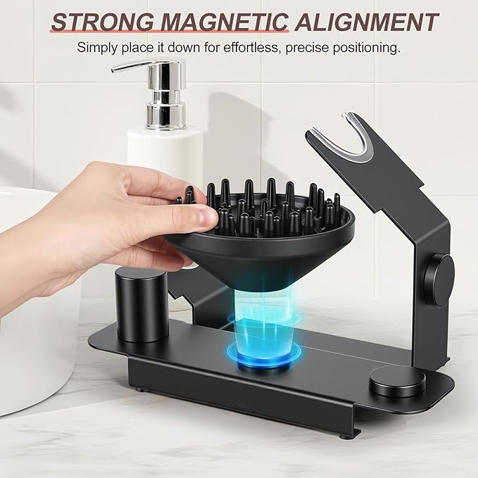 Affogato Hair Dryer Holder Stand Compatible with Dyson Supersonic, Magnetic 4 Holes Countertop Hair Dryer Organizer, Steel Storage Rack for Attachments Diffuser/Nozzles