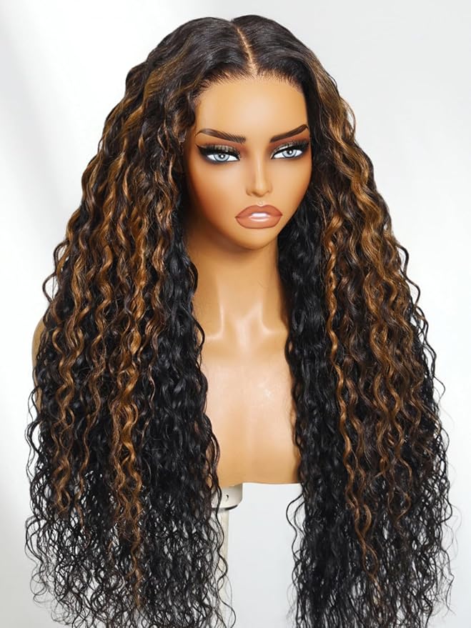 Julia Hair Ombre Brown Water Wave Glueless Wig Human Hair 7x5 HD Lace Closure with Invisible Drawstring Pre Plucked Bleached Highlight Balayage Colored Curly Wigs Put On And Go 22 Inch