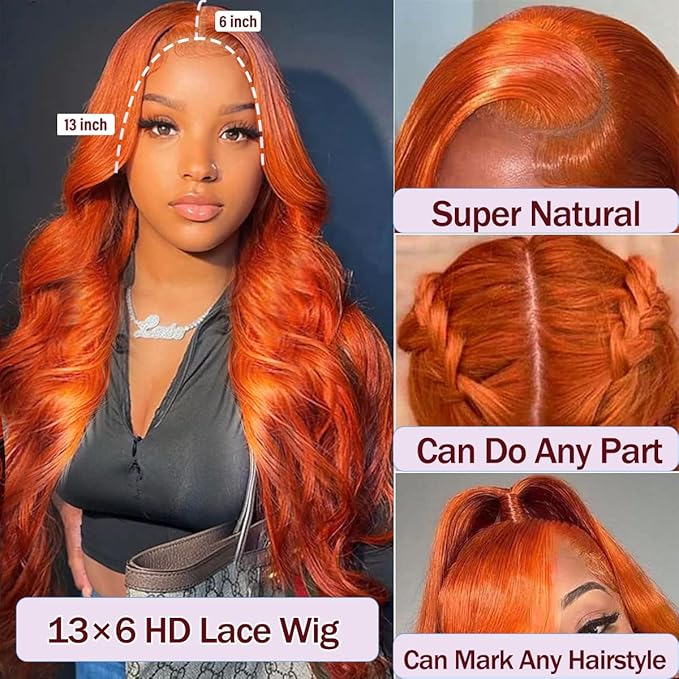 Ginger Orange 13x6 HD Lace Front Wigs Human Hair Pre Plucked 350# Body Wave Wigs for Women 200% Density Orange Frontal Human Hair Wig Bleached Knots with Baby Hair (28inch)