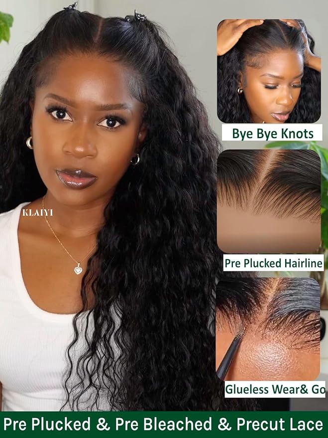 KLAIYI Water Wave Pre Everything Glueless 13x4 Lace Front Wigs Human Hair Precut Lace Pre Plucked Pre Bleached Bye Bye Knots Curly Wear and Go Beginners Wig with Drawstring 30S Ready to Wear 16Inch