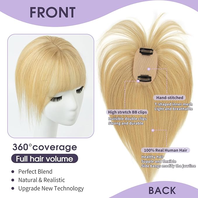 Human Hair Topper with Bangs – 100% Real Remy Hair Topper for Women, Thin Skin Base & Natural Hairline for Thinning Crown, Clip-In Hairpiece (8inch, Strawberry Blonde)