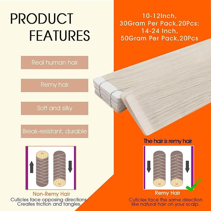 Full Shine Hair Extensions Tape in White Blonde Hair Extensions Real Human Hair Tape in Cuticles Aligned Seamless Skin Weft 24Inch Long Straight Extension 50Gram 20Pcs