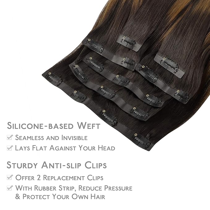 WENNALIFE Seamless Clip In Hair Extensions, 16 Inch 130g 7pcs Balayage Dark Brown to Chestnut Brown Hair Extensions Clip in Human Hair Invisible PU Skin Weft Natural Remy Human Hair Extensions