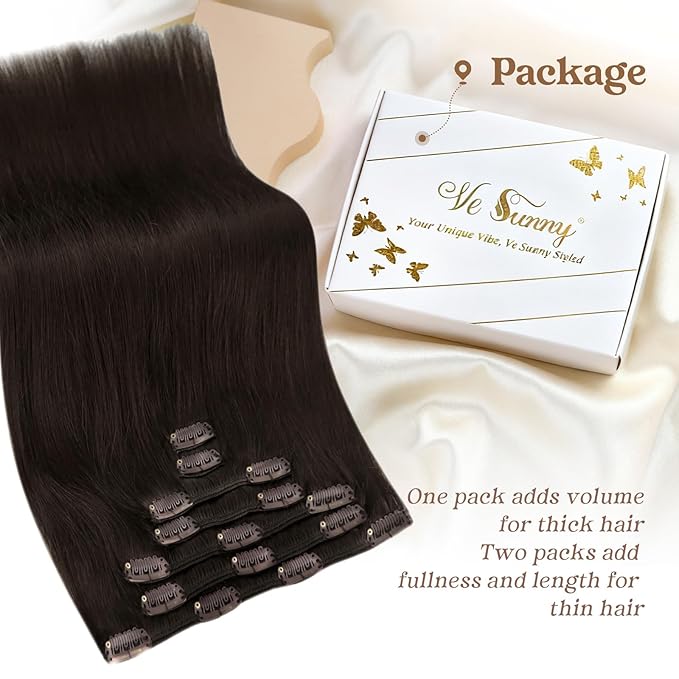 Ve Sunny Dark Brown Clip in Hair Extensions Real Human Hair 12 Inch Short Human Hair Clip in Extensions Remy Hair Extensions Clip in Human Hair for Women 80g 5Pcs