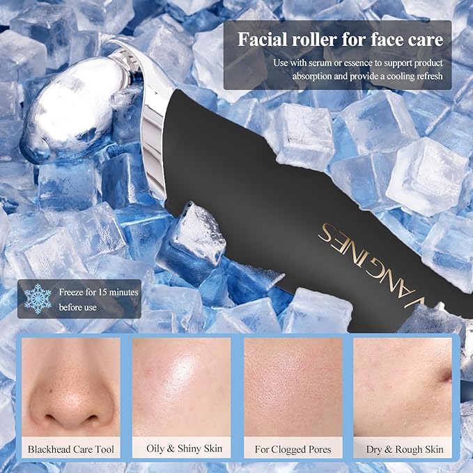 Blackhead Scraper Tool & Skin Scrubber Face Spatula for Blackhead Removal, Pore Cleaning, with Cooling Ice Roller & 2 Silicone Brush Heads (Charcoal Black)