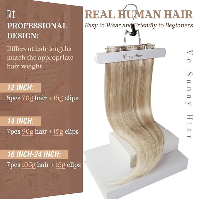 Ve Sunny Clip in Hair Extensions Real Human Hair Blonde Highlight Warm Color Remy Hair Clip on Hair Extensions for Women Short 5pcs 80g 12 inch