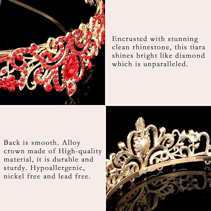 Didder Gold Tiaras for Women, Red Rhinestones Tiaras and Crowns for Women Elegant Princess Crown with Combs Tiaras for Girls Wedding Crowns for Brides Women's Headbands Prom Birthday Party