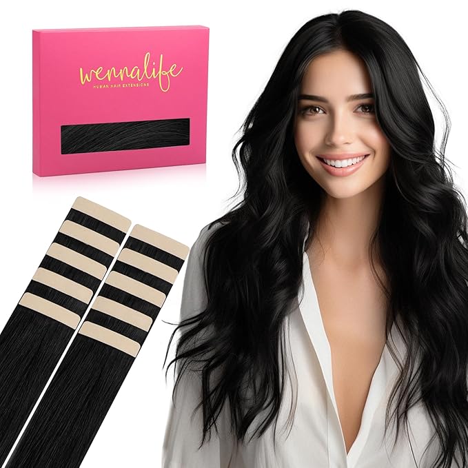 WENNALIFE Tape in Hair Extensions Human Hair Jet Black Tape in Extensions, 10pcs 30g 20 inch Remy Invisible Tape Ins Straight Colored Soft Real Human Hair Tape in Extensions Refill Set Extensions