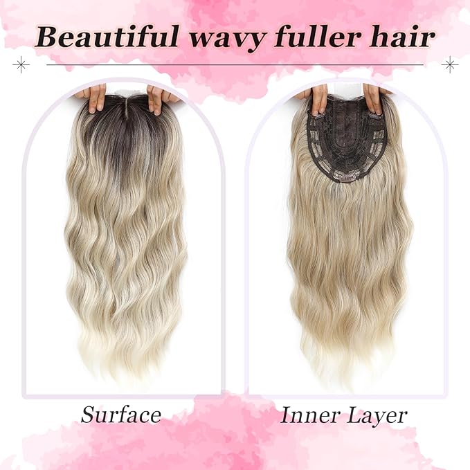 Hair Topper, 360° 3D Hair Toppers for Women with Thinning Crown, 20 Inch Long Wavy Curly Hair Pieces Clip in Bangs (Ombre Light Blonde with Dark Root, 20 inch, Side Bangs)