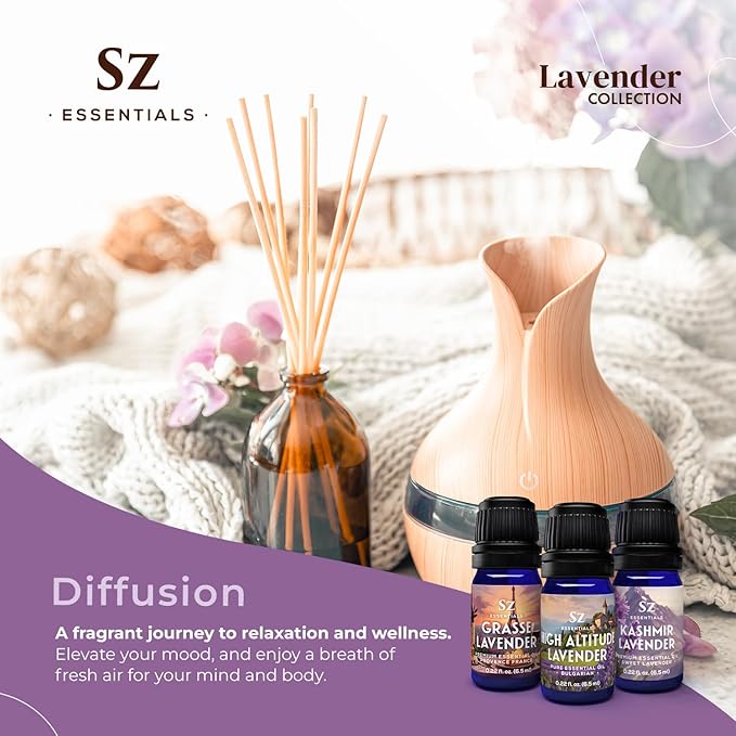 Lavender Essential Oils Collection - Grasse Lavender + High Altitude + Kashmir - Set of 3 Bottles (0.22 Fl Oz - 6.5ml Each)- 100% Pure, Natural & Undiluted - Therapeutic Grade & Vegan