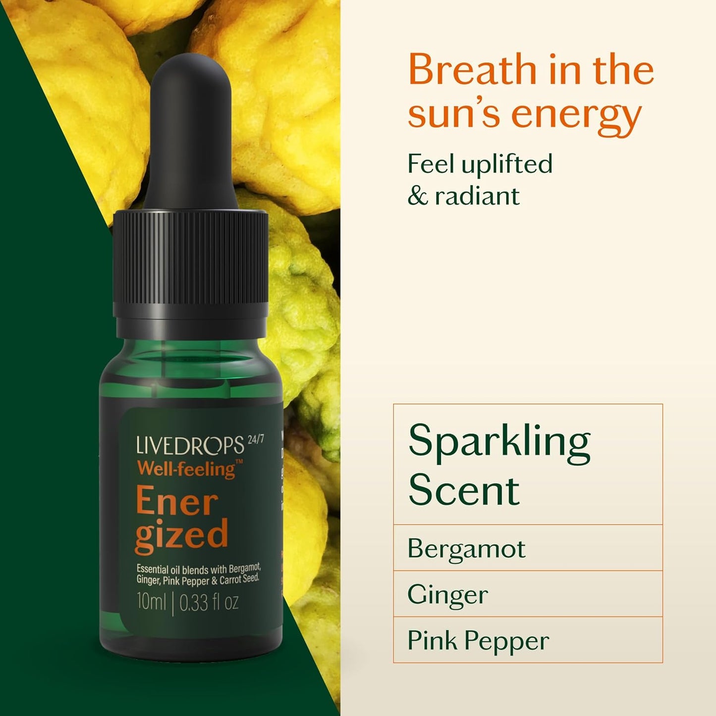 Livedrops 24/7 Energized Essential Oil Blend - Bergamot, Ginger, Pink Pepper - Natural Aromatherapy for Energy & Focus - Skin-Safe & Diffuser-Ready - Clinically Tested - Crafted in France