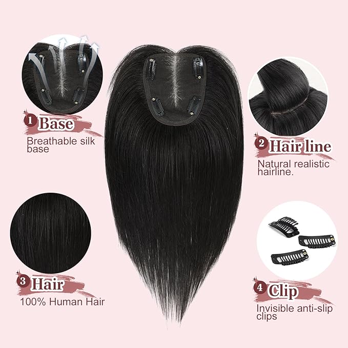 YAMI Real Human Hair Toppers for Women, 12 Inch, Dark Brown, Swiss Lace Base, Medium Density, Full Top Coverage, Clips Attachment