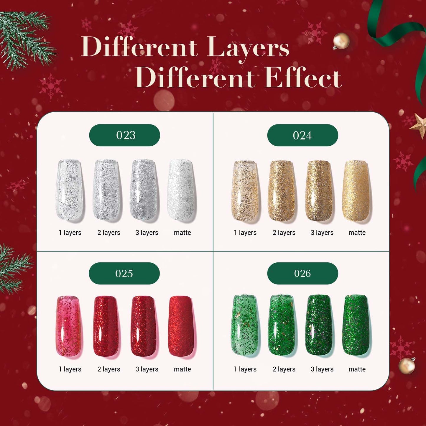AZUREBEAUTY Nail Polish Set, 4 Colors Christmas Glitter Red Green Gold Silver Quick Dry Natural Fingernail Lacquer Strengthening Treatment Kit with Top Coat DIY Salon at Home