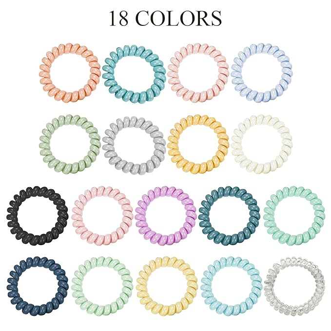 18Pcs Colorful Spiral Hair Ties, Individually Wrapped Coil Hair Tie, No Damage, No Crease, Ponytail Holder for Thick Hair, Waterproof, Hygienic, Portable, Multicolor
