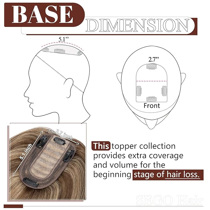 SEGO Real Human Hair Topper for Women, No Bangs Hair Topper with Anti-Slip Clips (10 Inch#4P27 Medium Brown & Dark Blonde)