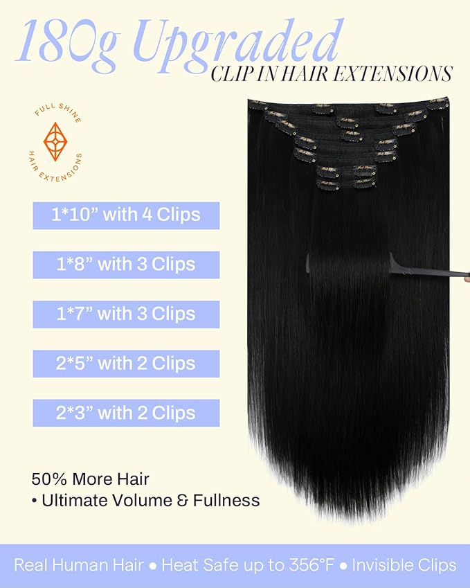 Full Shine Thick Human Hair Clip in Extensions Jet Black 28 Inch 180 G Clip in Hair Extensions for Thickness Full Head Long Length 7 Pcs