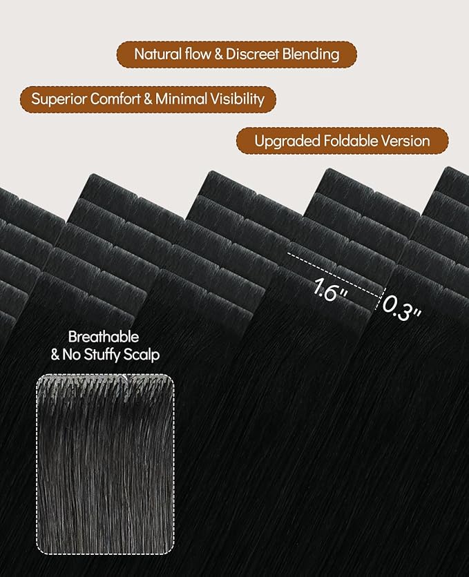 VINBAO Invisible Hair Extensions Tape in Invisi Edge, Jet Black 18in 50g 20pcs, Hand-Tied Virgin Human Hair Tape ins Pro Quality Seamless Blend Silky Straight 18inch #1