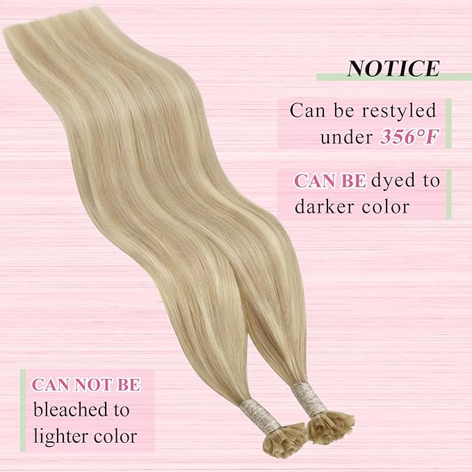 YoungSee U Tip Hair Extensions Highlight Ash Blonde with Bleach Blond U Tip Hair Extensions Human Hair Highlight Utip Hair Extension Blonde Hot Fusion Hair Highlight 16In 1G/S 50G for Wedding