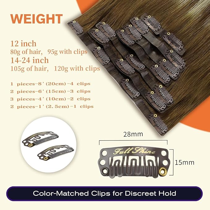 Full Shine Clip in Extensions Real Human Hair Brown Balayage Seamless Clip ins Medium Brown to Caramel Blonde and Brown Invisible Hair Extension Softness 20 Inch 8 PCS 120 G
