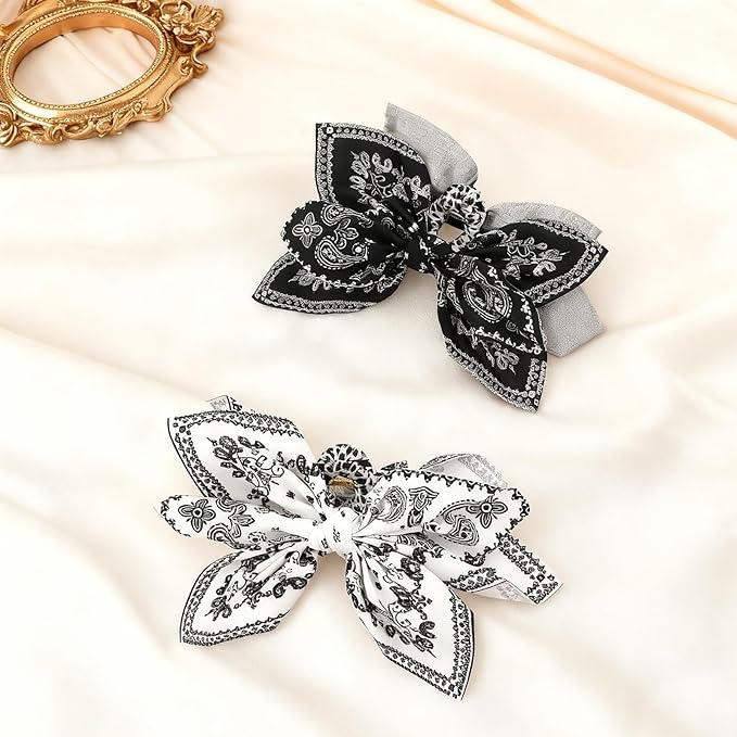 2Pcs Bow Claw Clips Boho Bandana Hair Bow Butterfly Styling Large Hair Clips for Women Large Claw Clips for Thick Hair (White+Black)